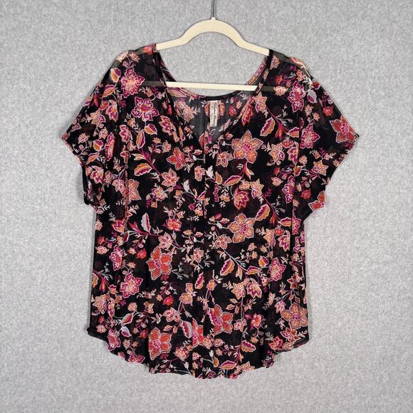 Perseption Tops - PerSeption Sheer Top 1X Pink‎ Orange Paisley Mesh Romantic Feminine Dark Boho